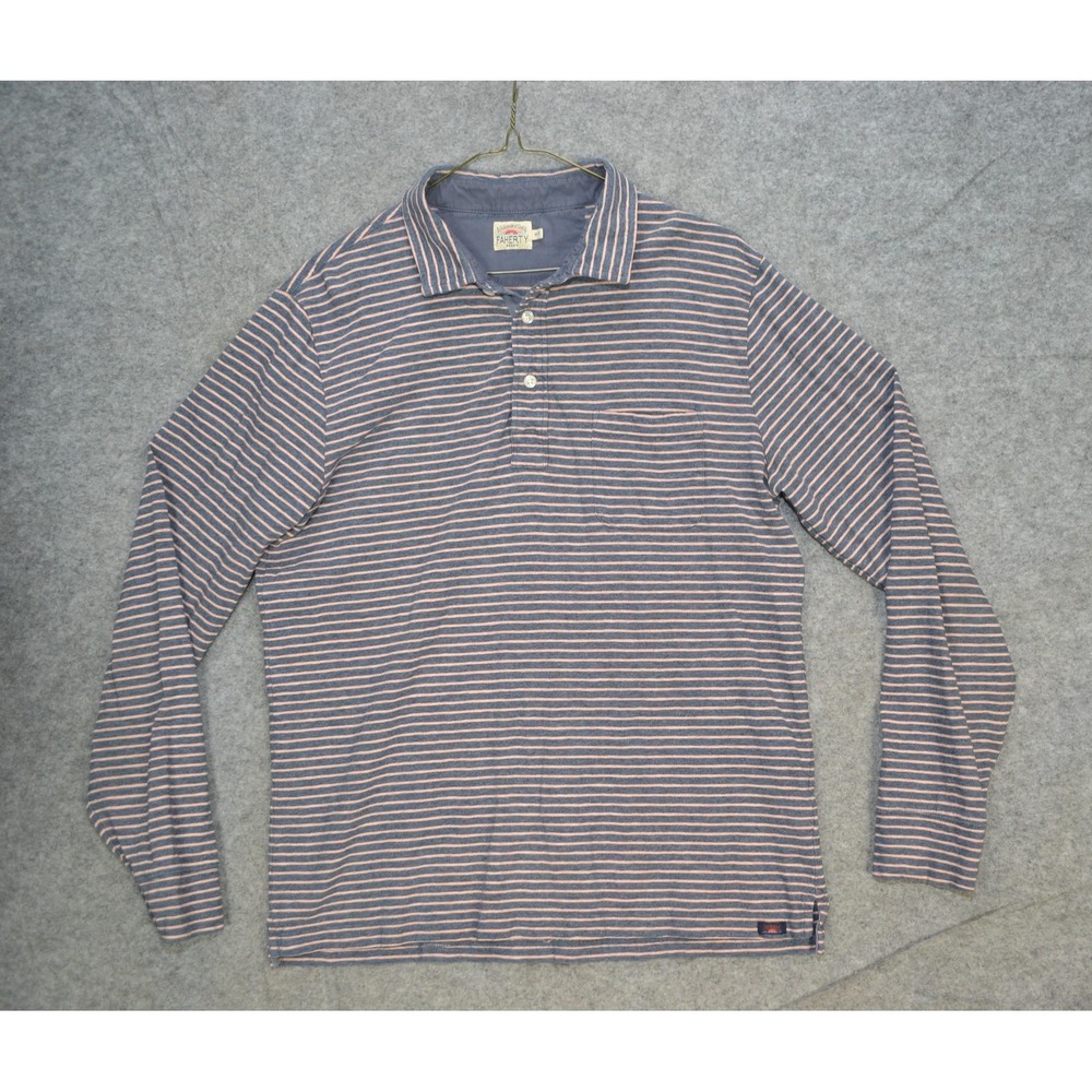 Faherty Polo Shirt Mens Medium Blue Pink Stripe Long Sleeve Cotton Pocket Jersey